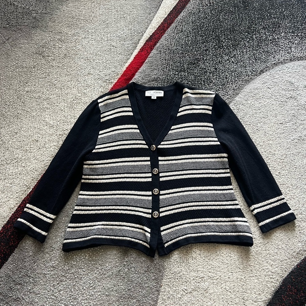 St. John Santana Knit Nautical Stripe Button Front Cardigan
